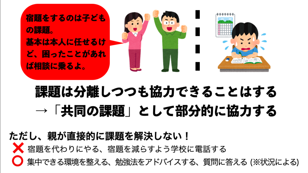 課題の分離はしつつ、協力できることはする。共同の課題という考え方が大事。